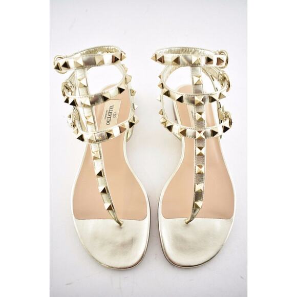 Valentino Rockstud P18 Gold Leather Triple Ankle Strap Gladiator Flat Sandal 35 - Picture 7 of 12